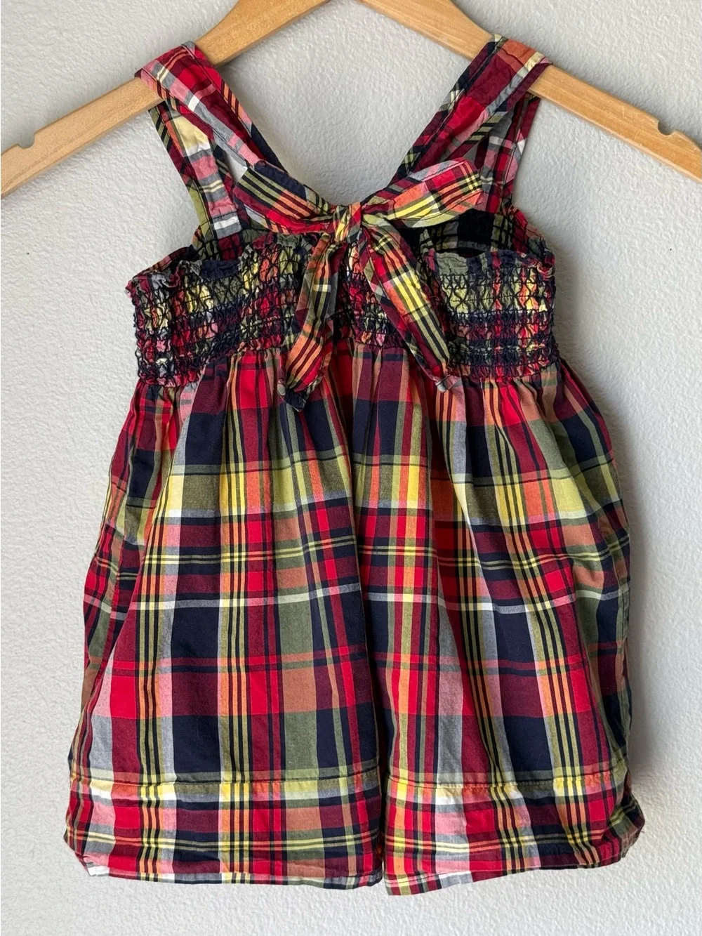 Oshkosh B’gosh Plaid Smocked Cotton Sundress Top Girls Size 7 Bow Tie Detail